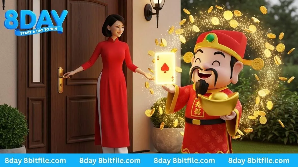 Thần Tài mang vàng và lá bài may mắn đến gõ cửa nhà cô gái trong game Nổ Hũ Fa Chai 8DAY
