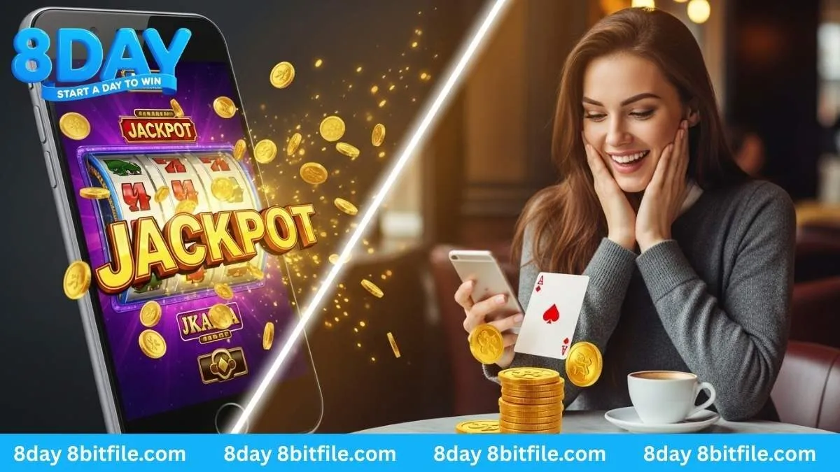 Cô gái vui mừng khi thắng Jackpot trên App 8DAY, với tiền vàng và lá bài xuất hiện ngoài đời thực
