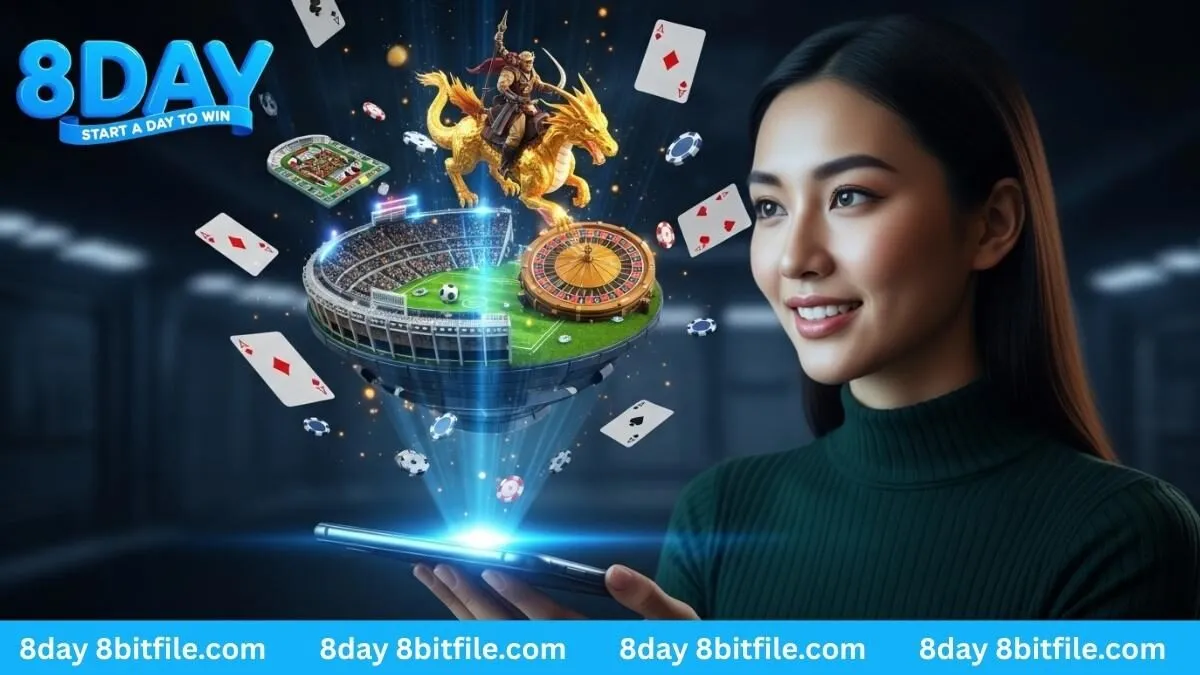 Cô gái trải nghiệm thế giới game 8DAY qua hologram trên app điện thoại, có hình ảnh sân vận động, casino và rồng vàng