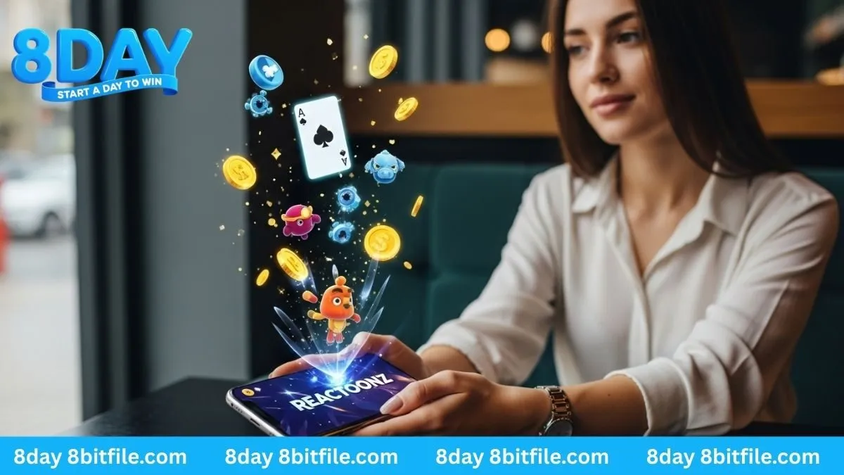 Trải nghiệm game Play'n GO Reactoonz trên app 8DAY với hiệu ứng hologram 3D, tiền vàng và lá bài.