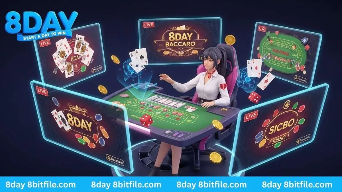 Nhân vật game 8DAY trải nghiệm đa dạng các trò chơi casino trực tuyến như Baccarat, Blackjack trên giao diện hologram.