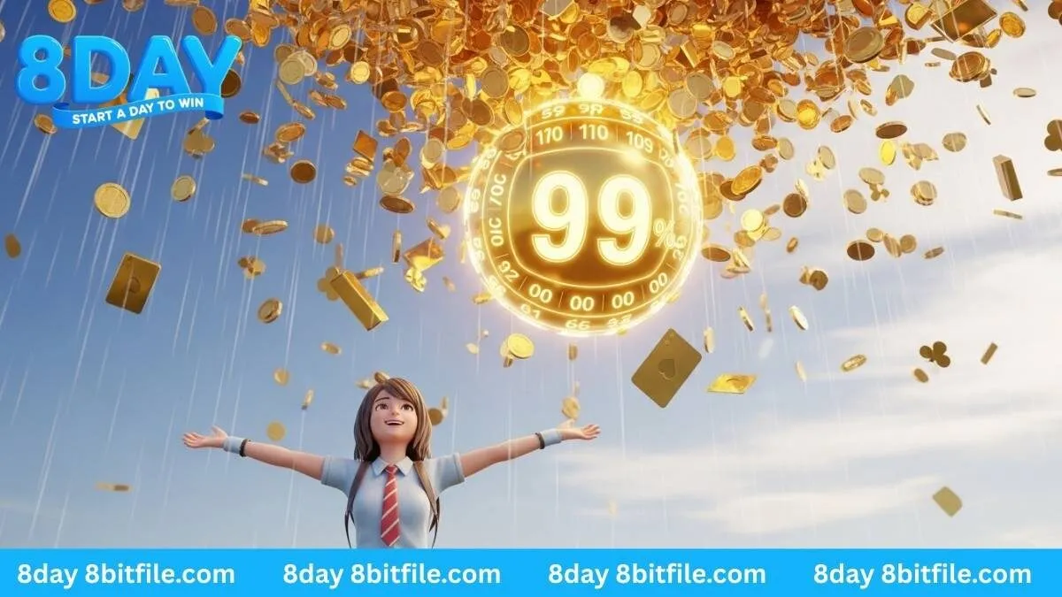 Nhân vật game 8DAY ăn mừng dưới cơn mưa vàng từ quả bóng lô tô 99, tượng trưng cho tỷ lệ ăn cược cao