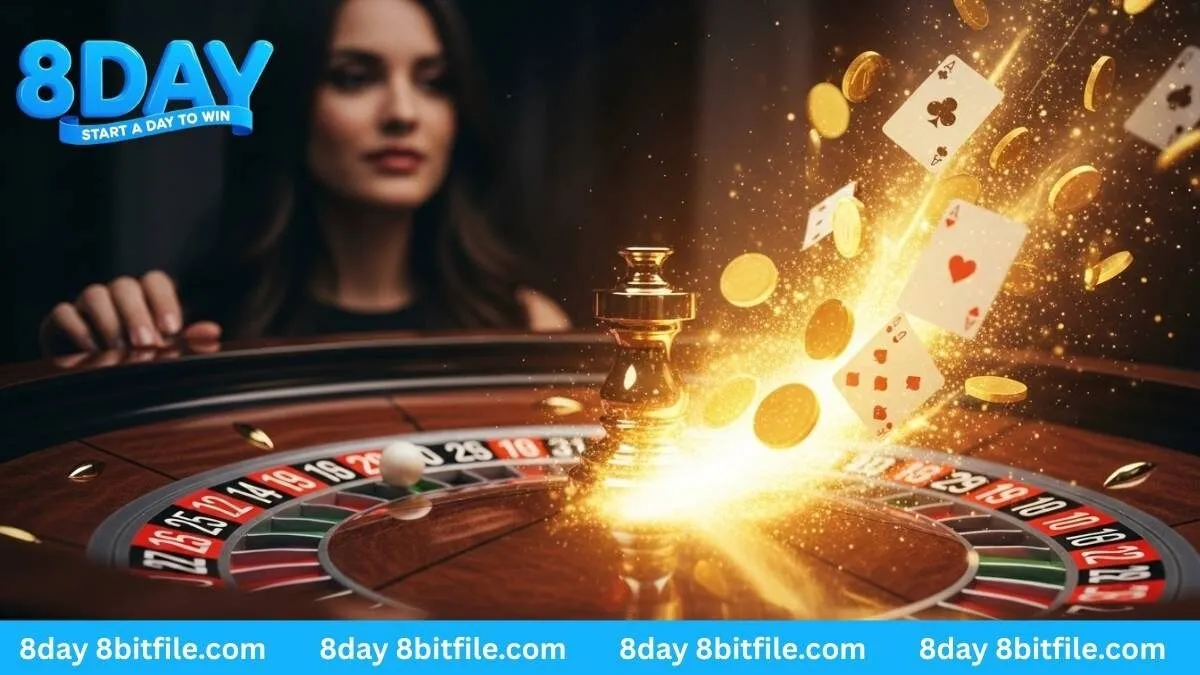 Khoảnh khắc chiến thắng bùng nổ trên vòng quay Roulette tại casino 8DAY với tiền vàng và lá bài.