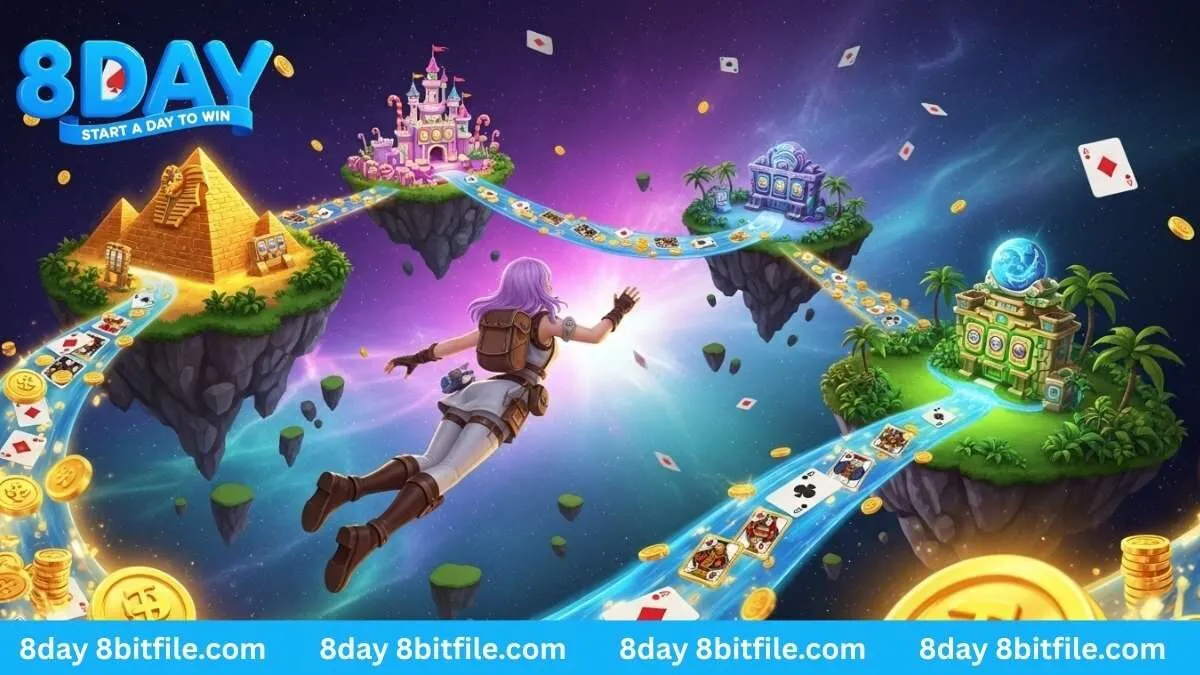 Vũ trụ game nổ hũ 8DAY với nhân vật nữ phiêu lưu giữa các hòn đảo game, tiền vàng và lá bài.