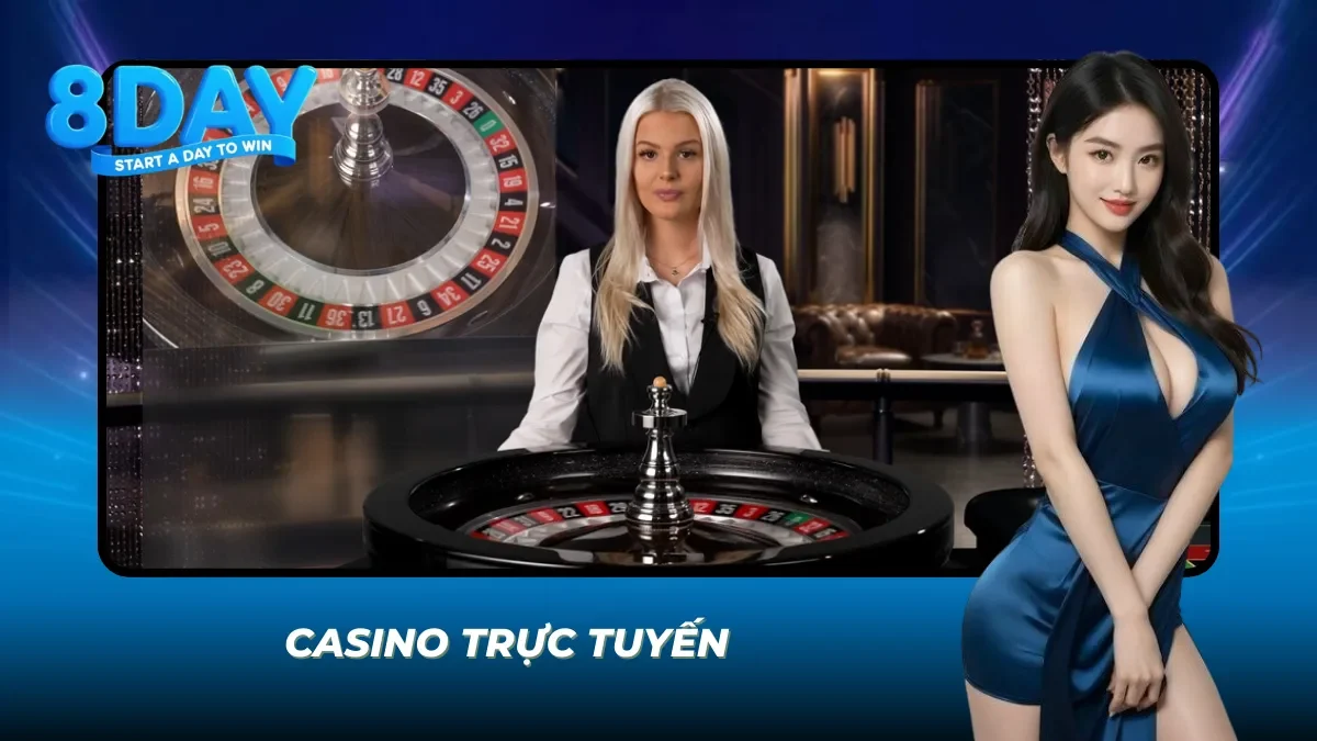 Không gian casino trực tuyến sống động, dealer xinh đẹp.